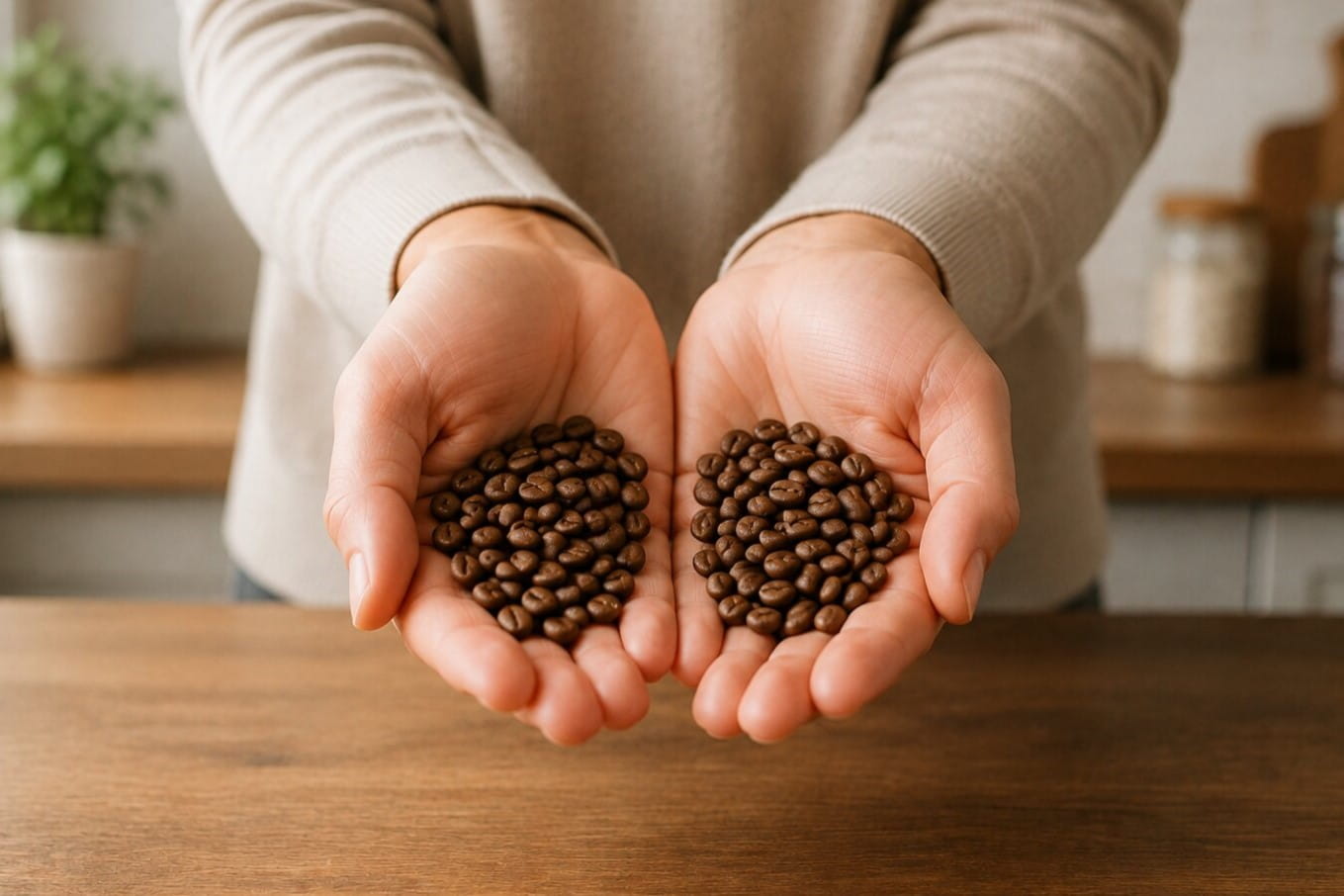 Personne tenant deux poignées de grains de café torréfiés dans une cuisine lumineuse