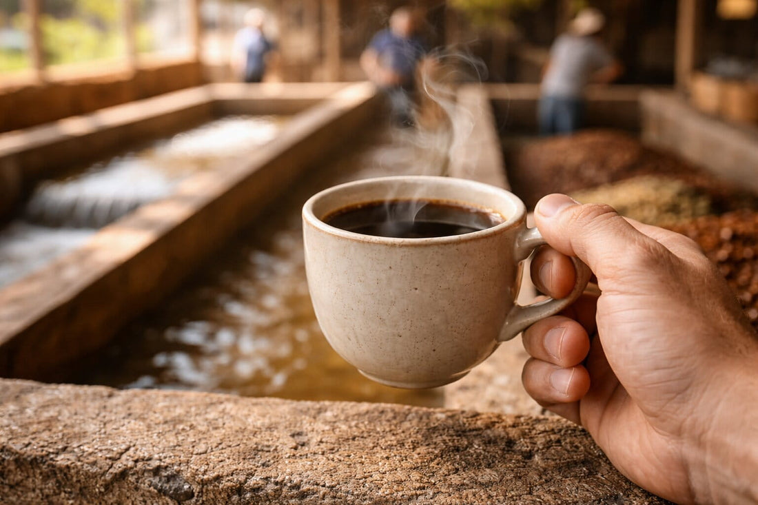 Main tenant une tasse de café fumant au premier plan, avec en arrière-plan flou des bassins de lavage et de fermentation du café dans un environnement artisanal.