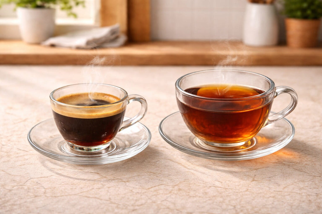 Tasse d’espresso à côté d’une tasse de thé sur fond transparent, illustrant la différence entre théine et caféine