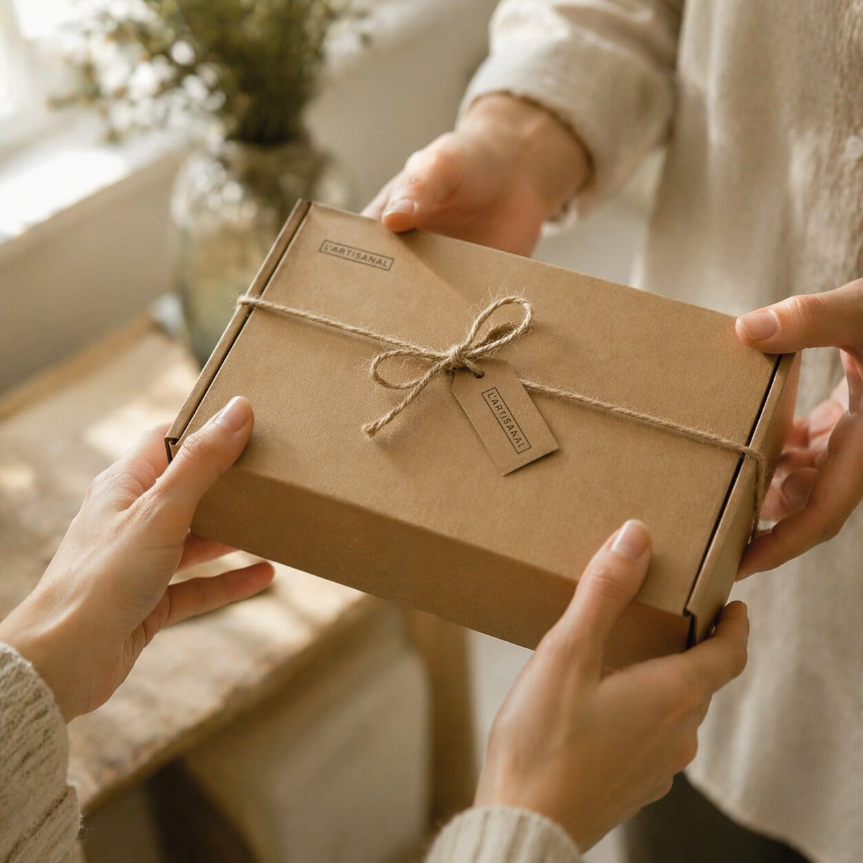Coffret cadeau de thés L’Artisanal remis de main à main, dans une boîte en carton avec ficelle, dans une ambiance chaleureuse.