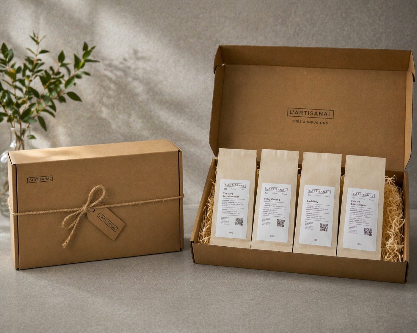 Coffret L’Artisanal ouvert présentant une sélection de thés et infusions en sachets, accompagné de sa boîte fermée dans un packaging élégant et naturel.