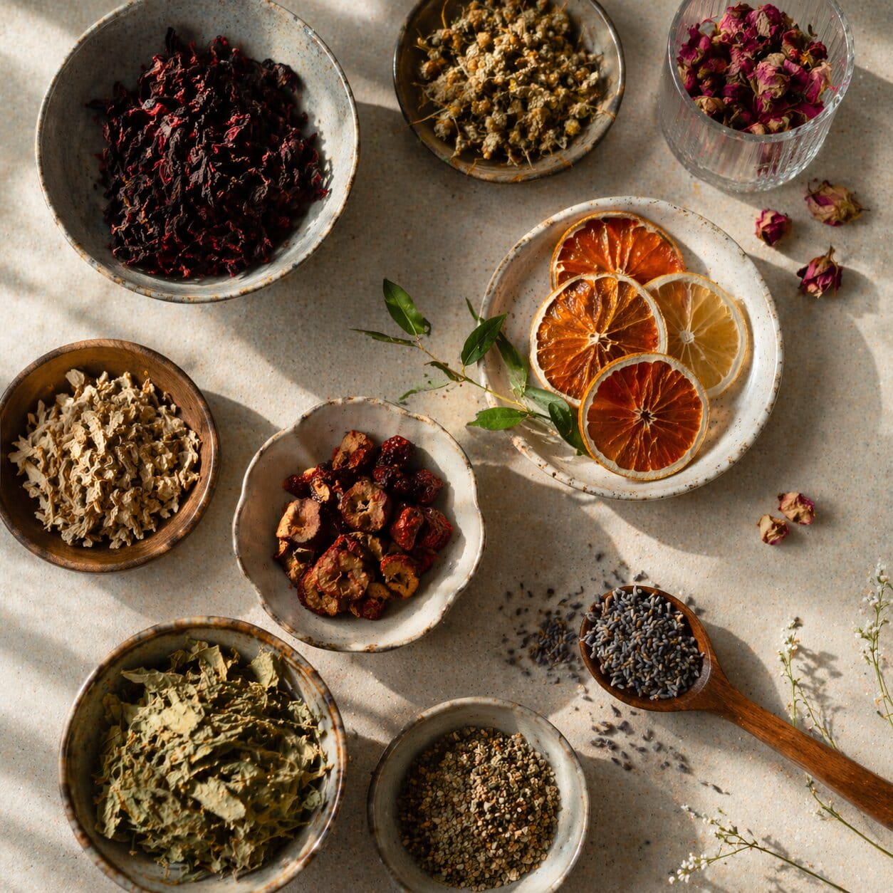 Assortiment d’ingrédients pour infusion avec fruits séchés, fleurs, herbes et tranches d’agrumes disposés dans des bols sous une lumière naturelle.