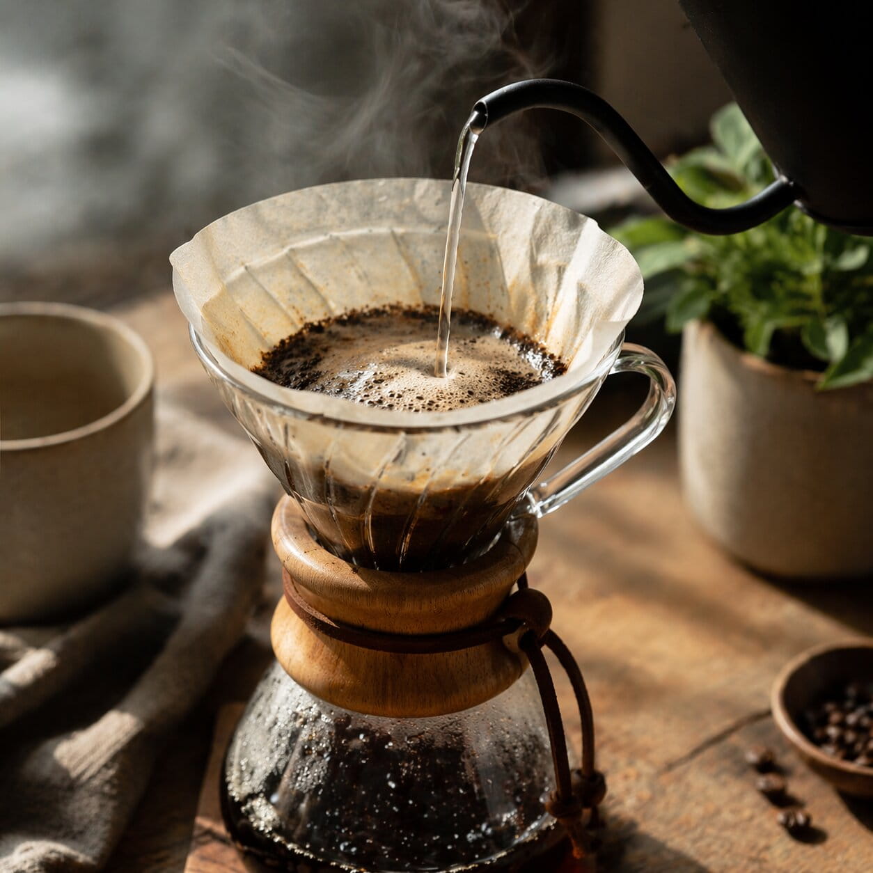 Préparation de café filtre avec un dripper en verre et filtre papier, eau chaude versée depuis une bouilloire sur le café moulu.