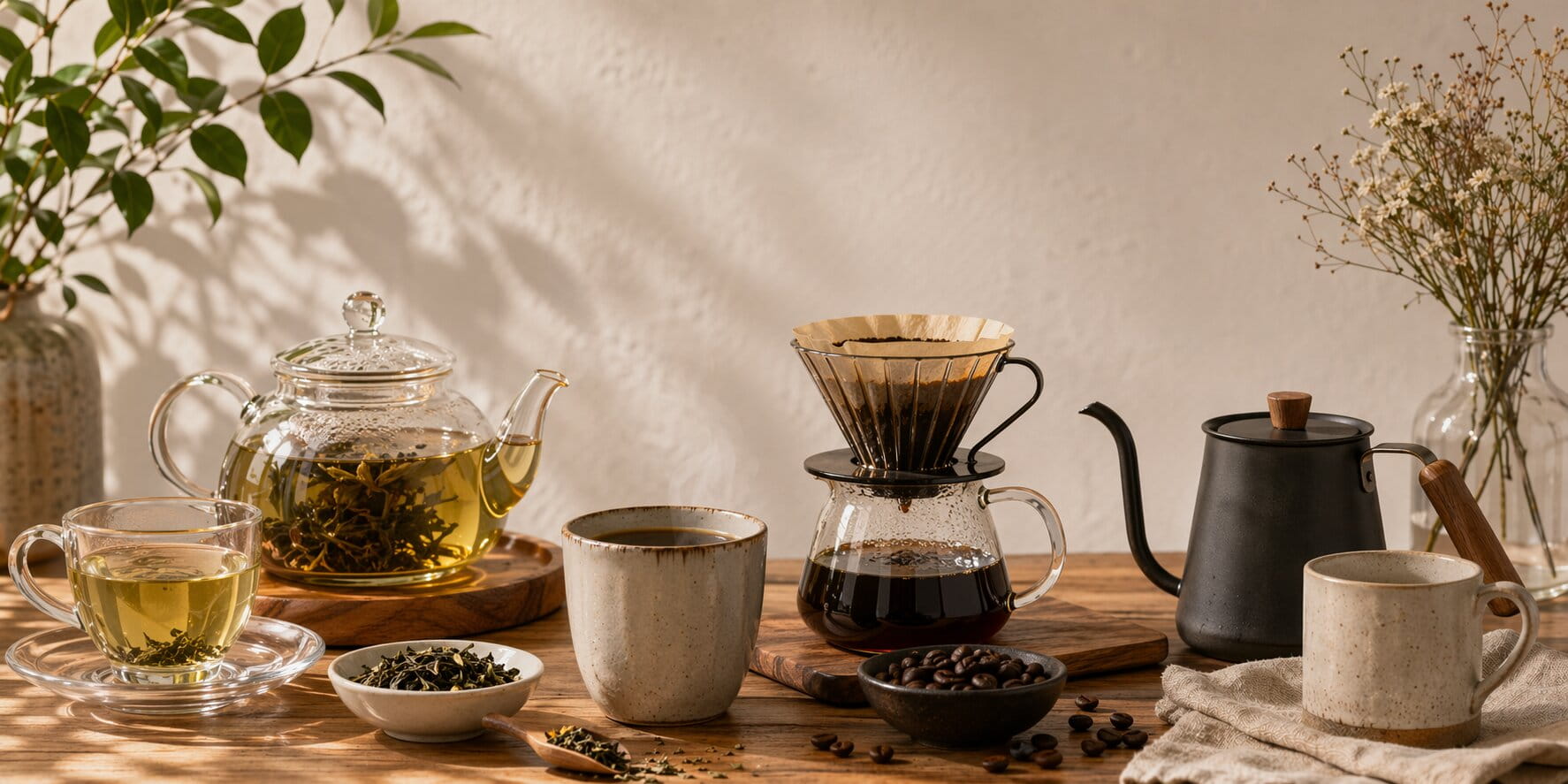 Table de dégustation avec théière en verre, café filtre, tasses et accessoires pour café et thé dans une ambiance artisanale et chaleureuse.