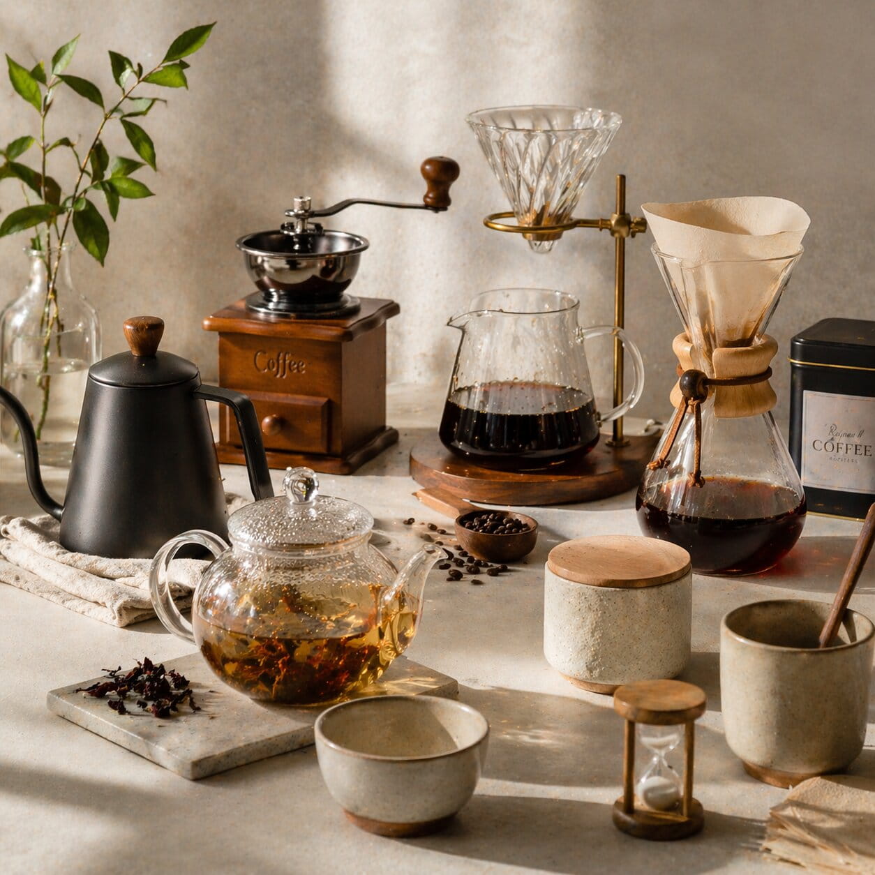 Ensemble d’accessoires pour la préparation du café et du thé avec drippers, théière en verre, moulin à café et ustensiles disposés dans une ambiance artisanale.