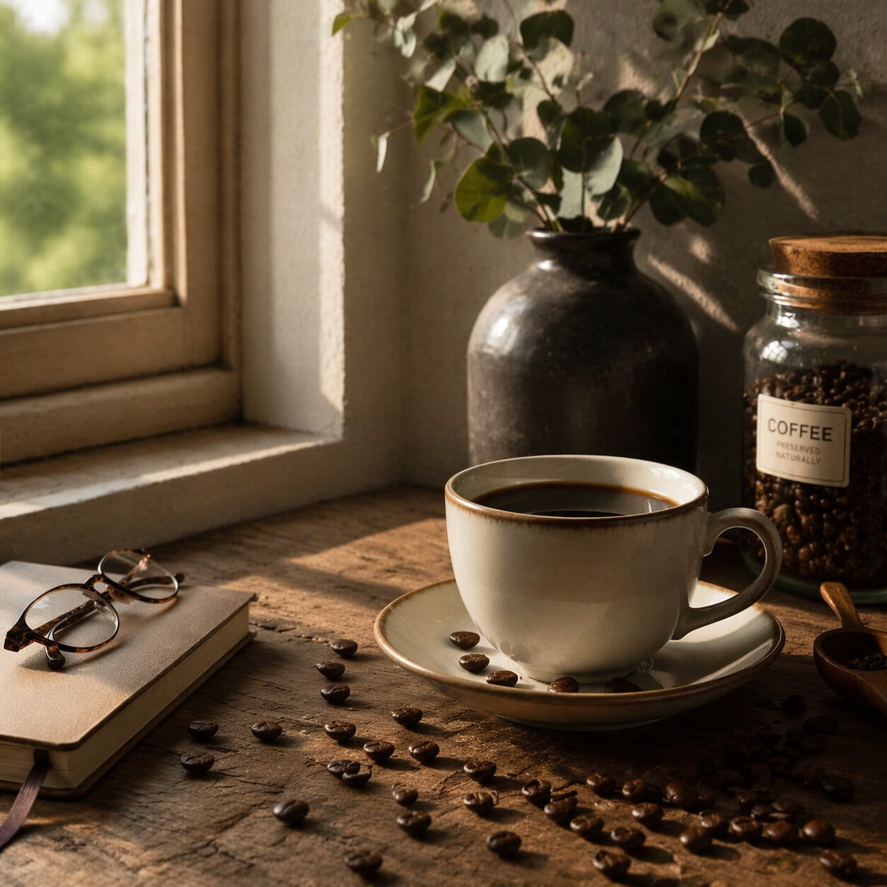 Tasse de café noir posée sur une table en bois près d’une fenêtre, entourée de grains de café, dans une ambiance chaleureuse et lumineuse.