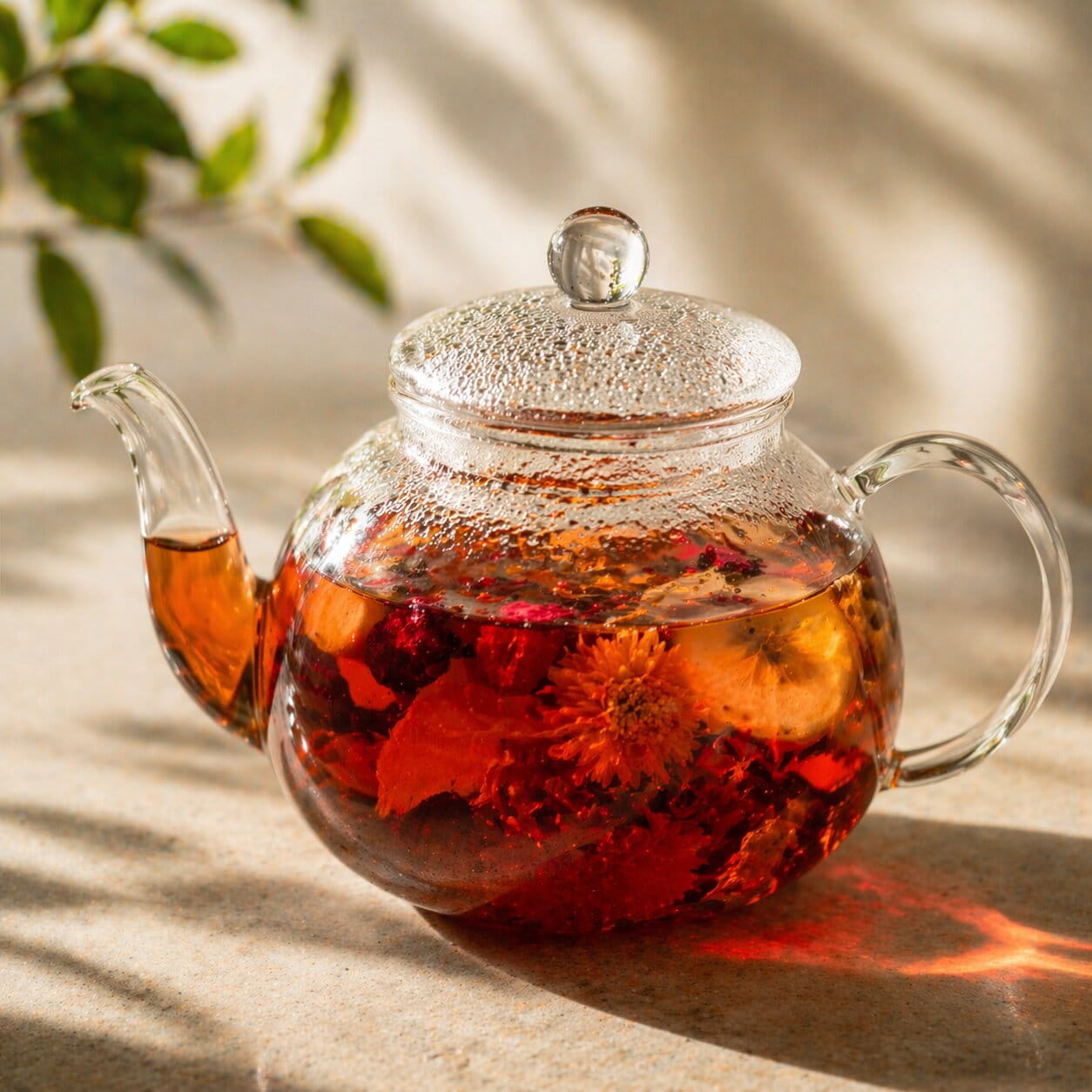 Théière en verre contenant une infusion rouge aux fruits et fleurs, avec des ingrédients visibles dans une eau chaude éclairée par la lumière naturelle.