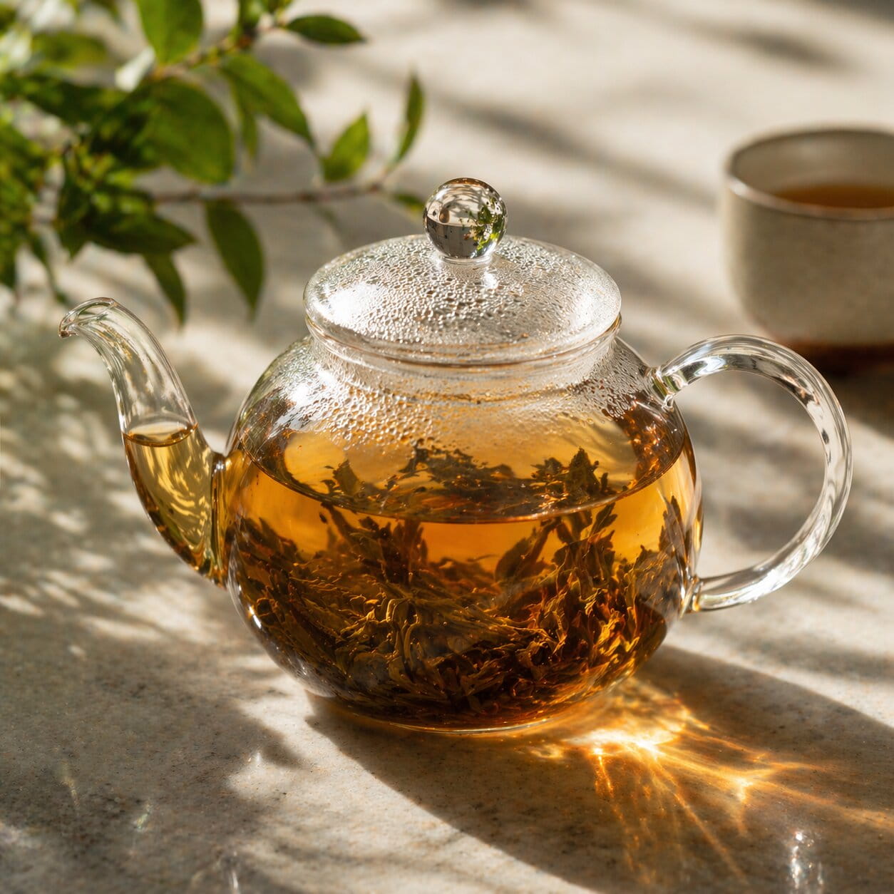 Théière en verre avec feuilles de thé en infusion dans une eau ambrée, éclairée par la lumière naturelle avec reflets lumineux.